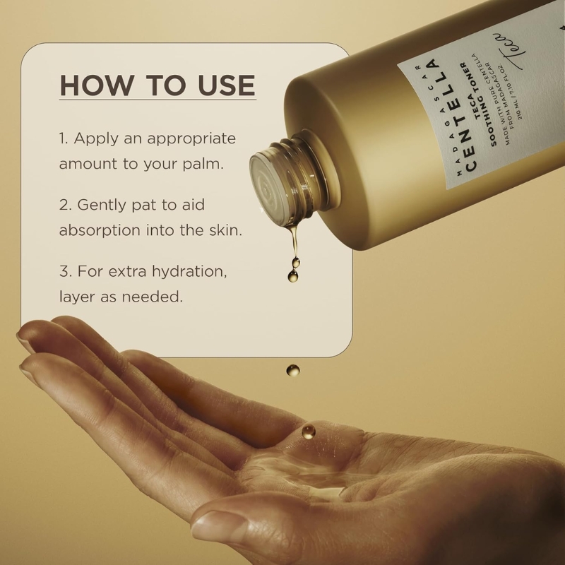 Product usage illustration showing step-by-step moisturizer instructions: apply an appropriate amount to your palm, pat to aid absorption, and layer for extra hydration as needed. A golden bottle pours droplets onto a cupped hand.