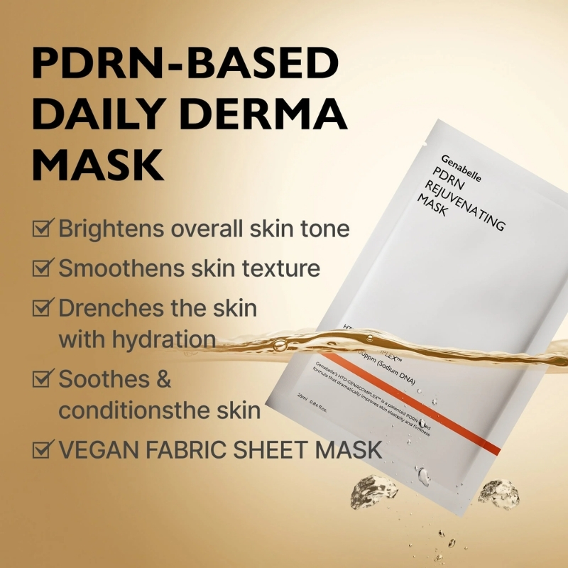 PDRN-based daily derma mask with checklist of benefits including brighter tone, smoother texture, hydration, and soothing skin care benefits.