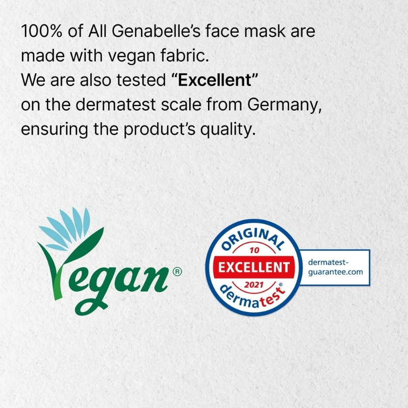 Text: 100% of Genabell’s face mask are made with vegan fabric, and they are tested Excellent on the dermatest scale for quality.