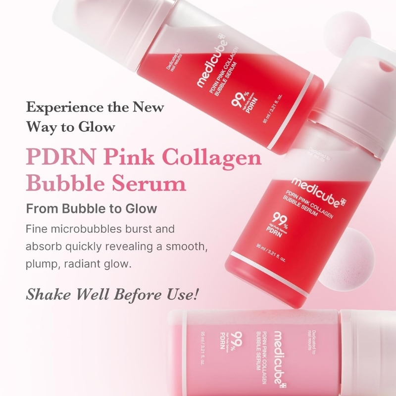 Advertisement image showing pink Medcube PDRN Pink Collagen Bubble Serum bottles arranged diagonally, with the headline 'Experience the New Way to Glow' and 'Shake Well Before Use!' displayed on a soft pink background.