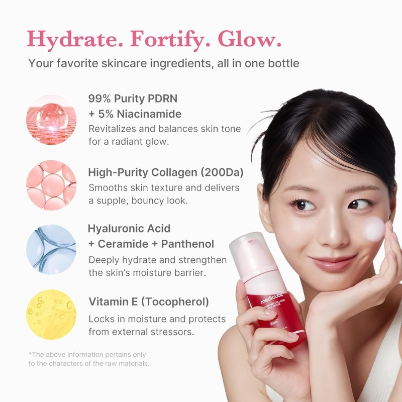 Skincare ad with a smiling woman holding a pink bottle, listing key ingredients and their benefits.