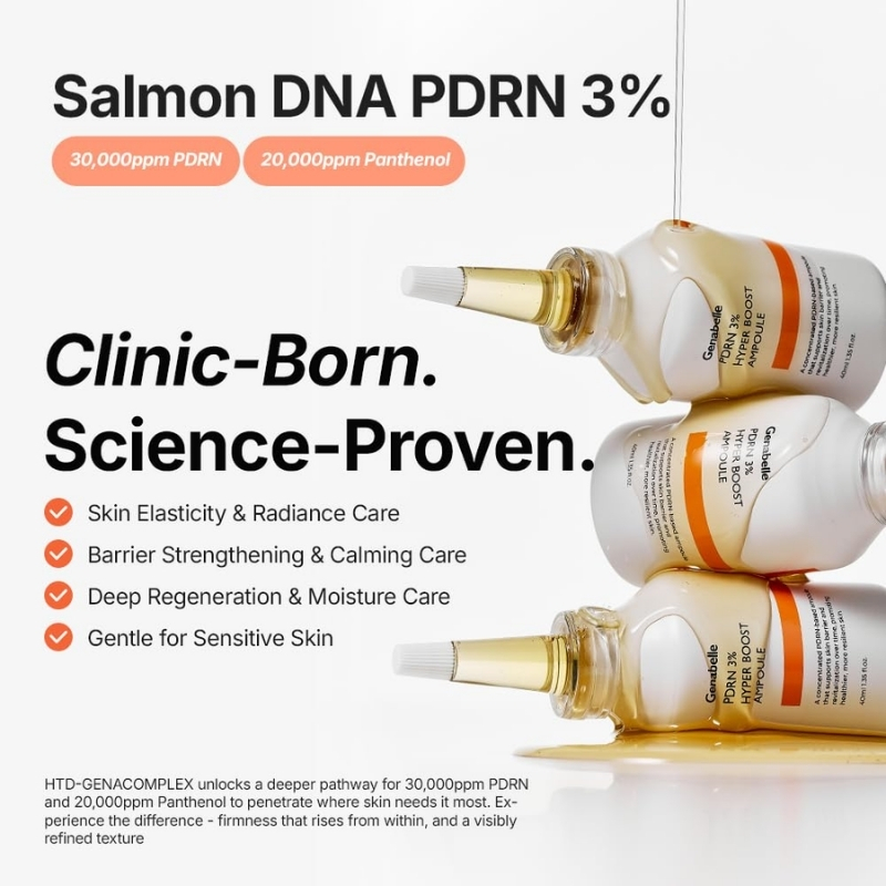 Advertisement for Clinic-Born serum with Salmon DNA PDRN 3% and three dropper bottles; bullet list mentions Skin Elasticity, Barrier Strengthening, Deep Regeneration; 'Clinic-Born. Science-Proven.'