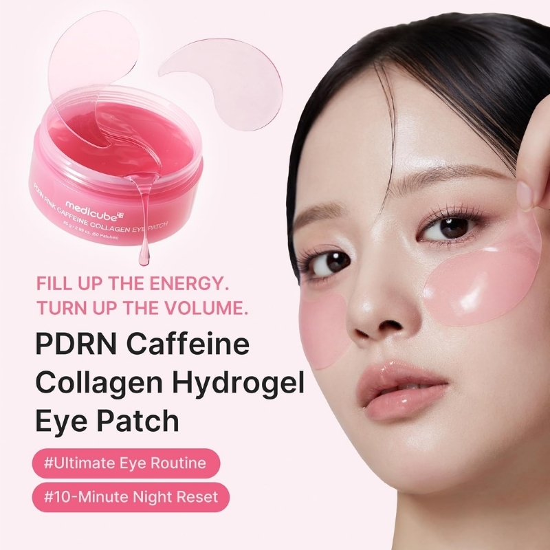 Promo image for PDRN Caffeine Collagen Hydrogel Eye Patch: a woman applies pink under-eye patches beside a jar of the product on a light pink background.