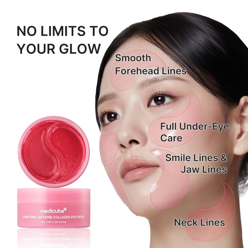 Medicube pink caffeine collagen eye patch kit on a model; patches placed on forehead, under-eye, smile lines, jaw, and neck with the slogan 'No limits to your glow'.