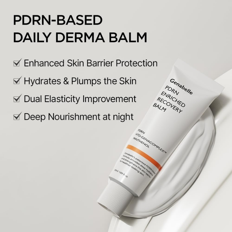 Promotional image for a PDRN-based Daily Derma Balm with four checklisted benefits and a tube on the right.