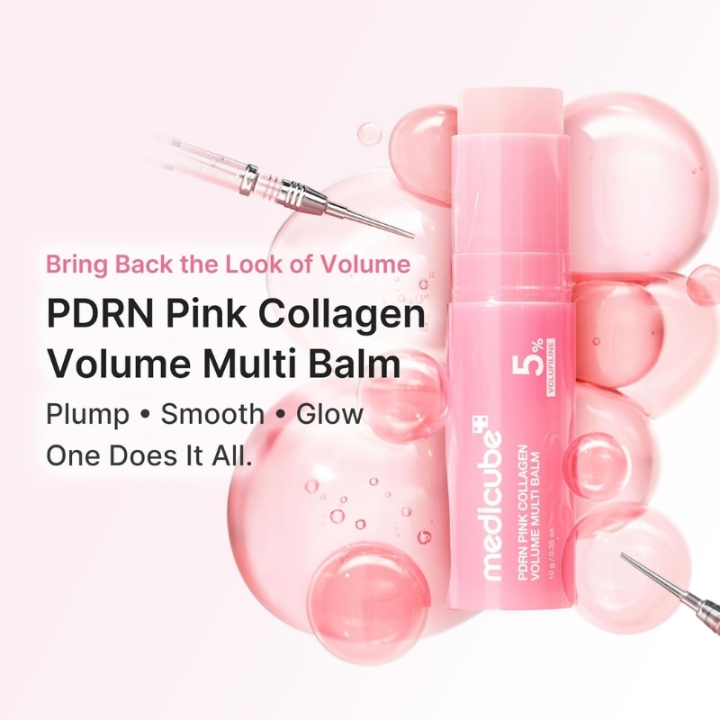 Pink PDRN Pink Collagen Volume Multi Balm bottle surrounded by pink bubbles and two syringes; ad text reads 'PDRN Pink Collagen Volume Multi Balm'.