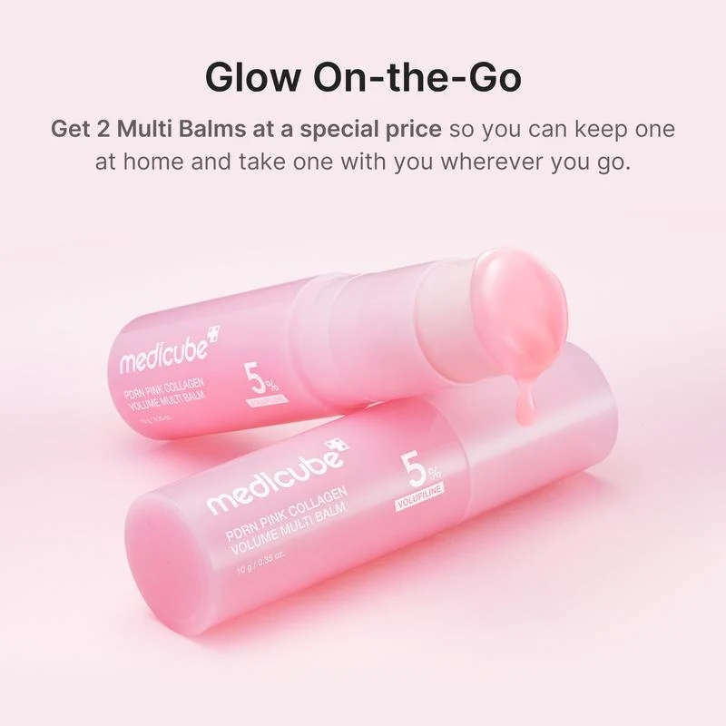 Two pink lip balm tubes on a soft pink background, with balm dripping from one tube, advertising a Glow On-the-Go set.